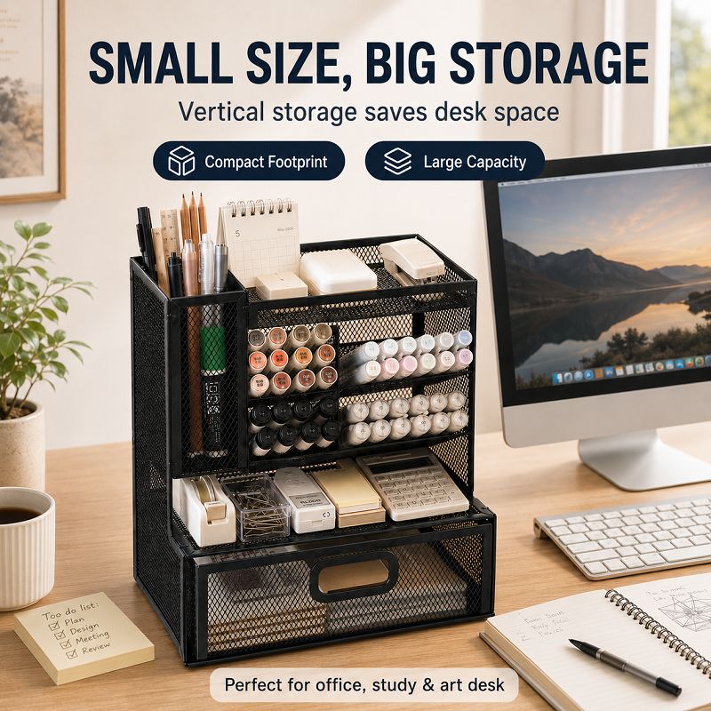 Left‑vertical Multi‑compartment Drawer Pen Caddy
